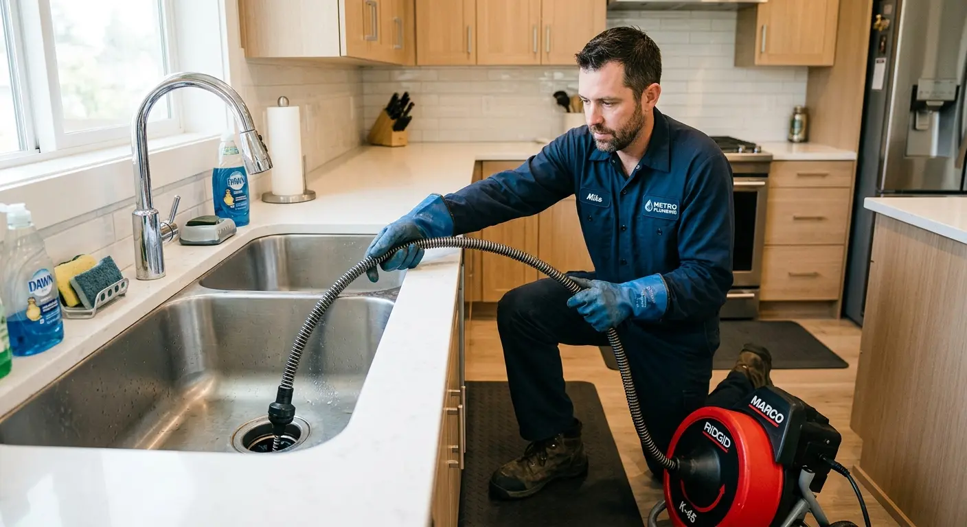 Drain cleaning technician using a motorized snake on a kitchen sink in Dyer