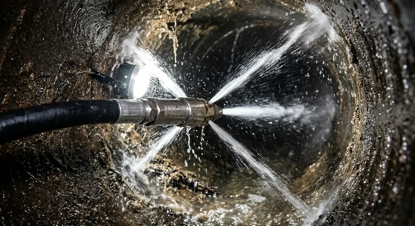 High-pressure hydro jetting nozzle cleaning sewer pipe for Emergency Drain Service in Dyer