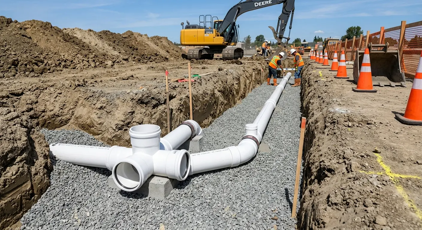 New PVC sewer pipe installation in open trench for Sewer Backup in Dyer