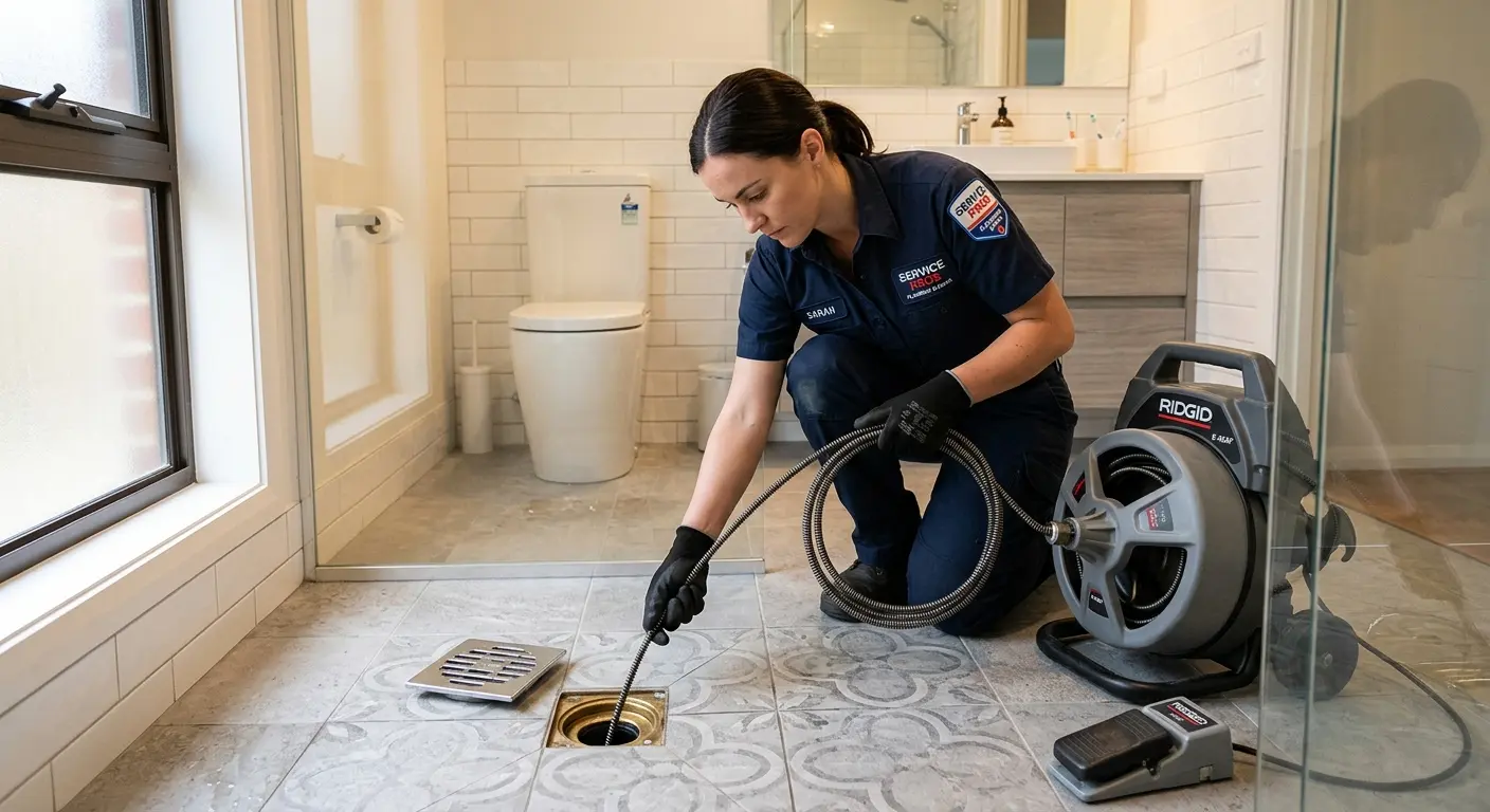 Technician clearing a bathroom floor drain for Drain Repair in Dyer